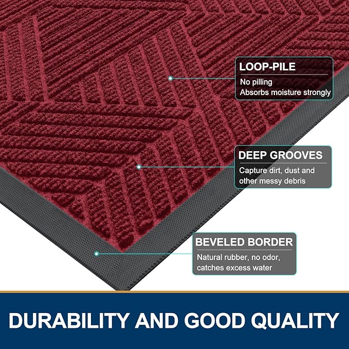 Smiry Front Door Mat Outside Entrance, Heavy Duty Sturdy Natural Rubber Doormat, Trap Dirt and Moisture, Easy Clean Low Profile Mats for Indoor Outdoor Entry, Irregular Triangle (47x24, Wine Red)