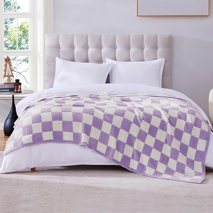 WRENSONGE Checkered Throw Blanket, Purple Soft Cozy Fluffy Warm Hand Made Throw Blankets for Couch, Sofa, Chair, Bed, Camping, Picnic, Travel Lightweight Bed Blanket - 50"*70"
