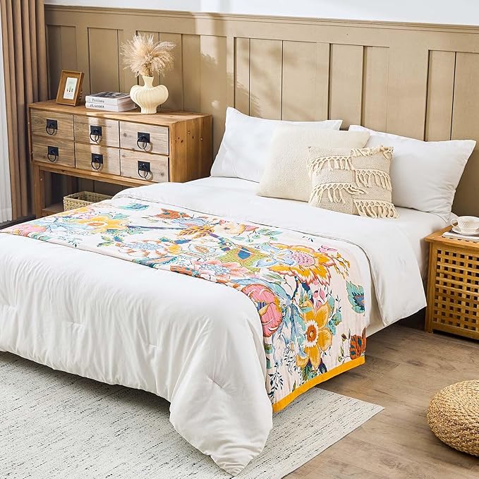 Farmhouse Throw Blanket, 80"x 98" Boho Throw Blankets for Couch Cover, 100% Cotton Bohemian Vintage Quilt for All Seasons Reversible Florals Lightweight Picnic Blankets Home Decoration