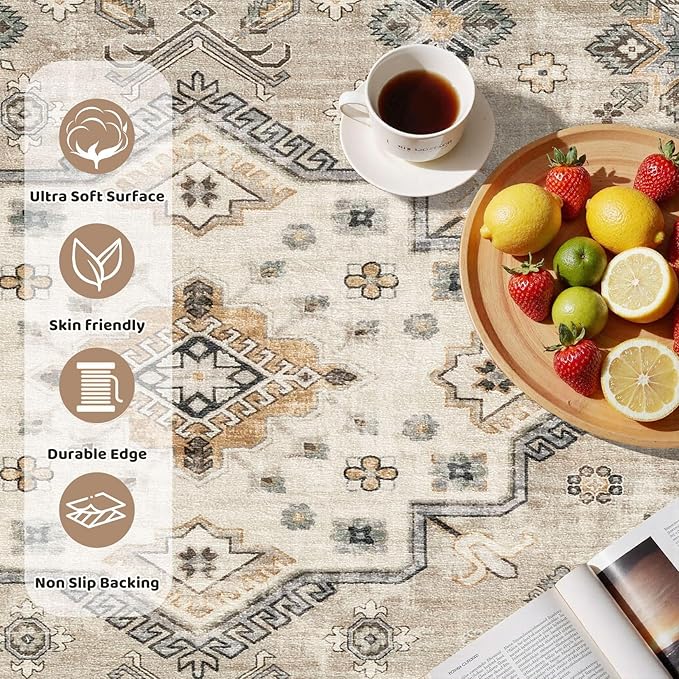 5ft Round Vintage Living Room Area Rug - 5x5 Large Soft Washable Oriental Traditional Distressed Farmhouse Rugs for Bedroom - Indoor Floor Accent Carpet for Home Office House Decor - Beige