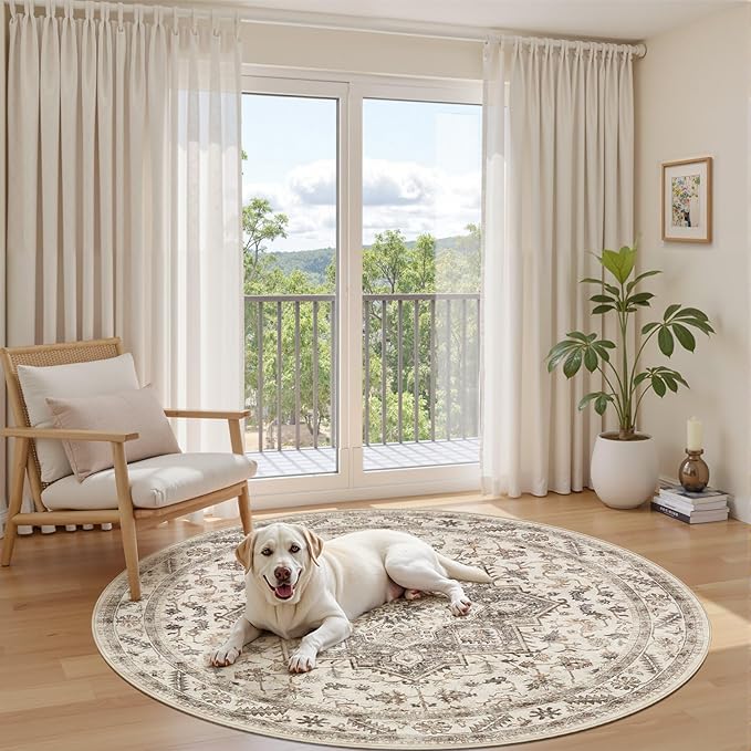 6ft Round Vintage Living Room Area Rug - 6x6 Large Soft Washable Oriental Traditional Distressed Farmhouse Rugs for Bedroom - Indoor Floor Accent Carpet for Home Office House Decor - Light Brown