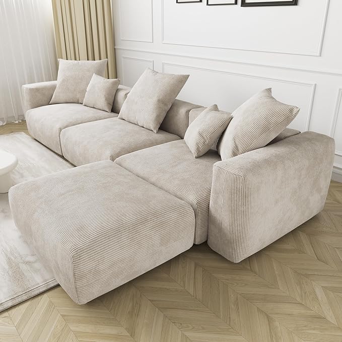 JACH Sectional Couch with 5 Pillows, Luxurious Modular Sectional Couch with Chaise Ottoman, Cushion Covers Removable, Corduroy Modern Soft Couches for Living Room, Office (Beige)