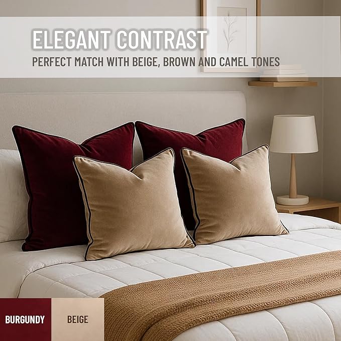 2 Pack Velvet Decorative Throw Pillow Covers, 20"x20", Burgundy, Solid, Modern, Contrast Piping, Indoor Use, Bedroom & Living Room