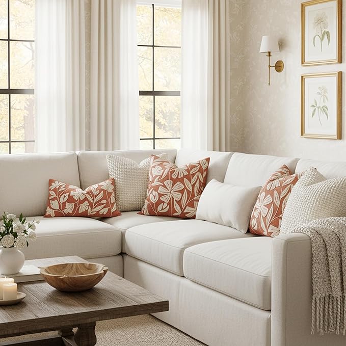 BlissBlush Fall Throw Pillow Cover 12x20, Rust Brick Red Soft Velvet Floral Decorative Lumbar Accent Throw Pillowcase,Textured Farmhouse Pillowcase for Couch Sofa Living Room Home Décor