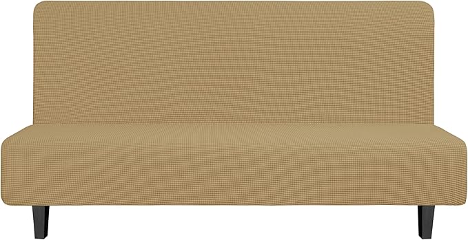 Easy-Going Stretch Futon Slipcover Armless Futon Bed Cover Furniture Protector Without Armrests with Elastic Bottom for Kids, Soft Jacquard Fabric Small Checks (Large, Golden)