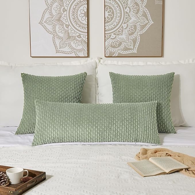 Kevin Textile 20x54 Inch Long Body Lumbar 1 Pack Boho Decorative Throw Pillow Cover Soft Striped Corduroy Rectangle Cushion Case Farmhouse Accent for Living Room Couch Sofa Bed, Sage Green