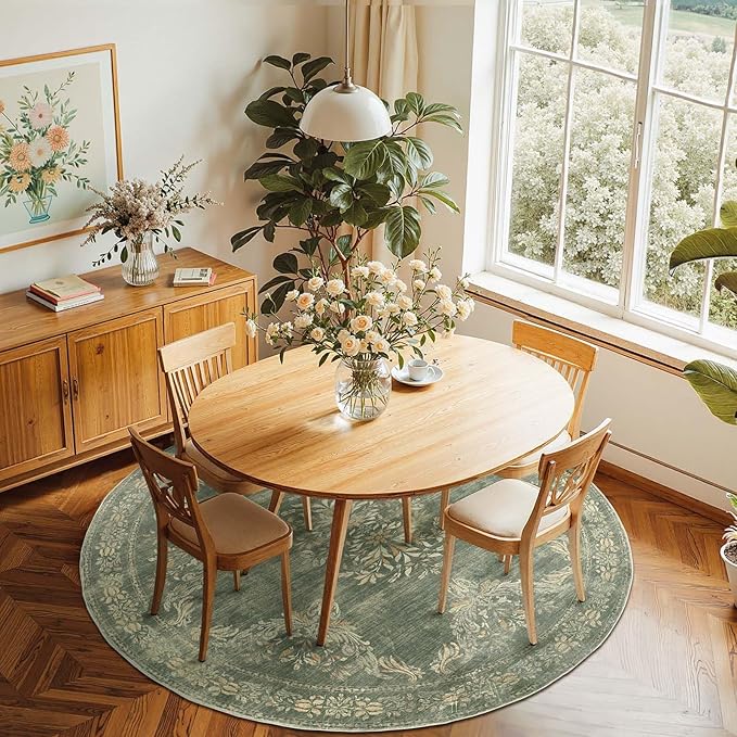 jinchan Round Rug 6ft Area Rugs Vintage Floral Distressed Design Machine Washable Soft Non-Slip Low-Pile Ultra-Thin Christmas Circle Rug for Living Room Dining Room Bedroom (6' Round, Dark Green)