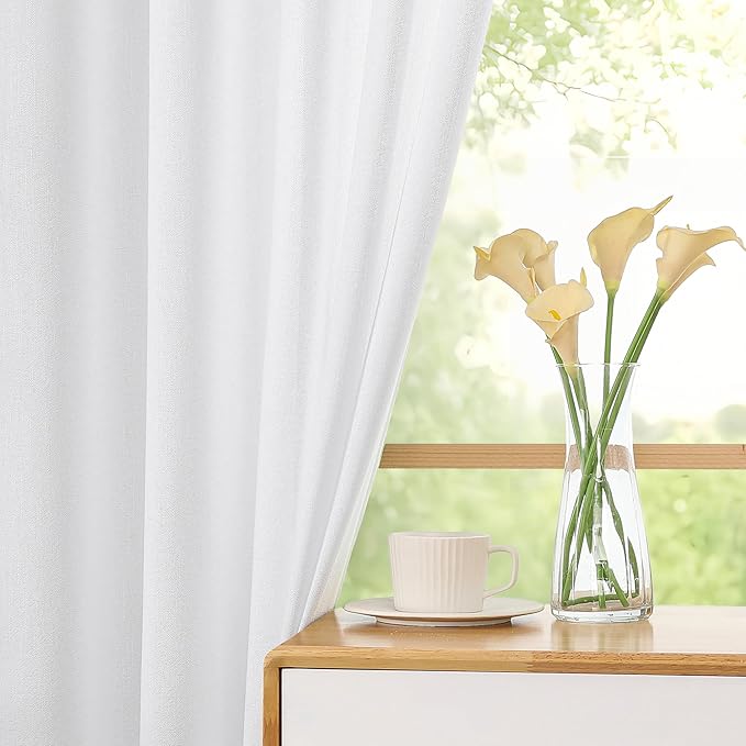 Simplebrand White Faux Linen Textured Semi Sheer Curtains 108 Inches Long 2 Panels for Living Room, Privacy Extra Long Light Filtering Farmhouse Thick Window Drapes for Large Window, 50 x 108 Inch