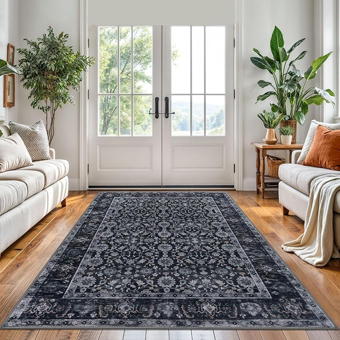 KUTA 5x7 Area Rugs, Vintage Washable Rugs for Living Room Black Grey Orange Ultra Thin Soft Non-Slip Printed Distressed Traditional Farmhouse Carpet for Bedroom Dining Room Dorm Office Home