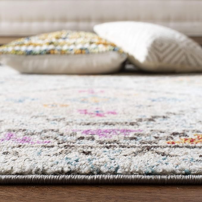SAFAVIEH Madison Collection Area Rug - 9' Square, Grey & Yellow, Boho Diamond Distressed Design, Non-Shedding & Easy Care, Ideal for High Traffic Areas in Living Room, Bedroom (MAD418F)