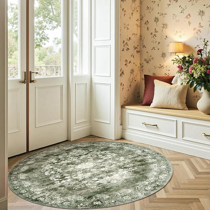 jinchan Round Rug 5ft Area Rug - Green Vintage Floor Mat Kitchen Indoor - Washable Circle 5' Thin Floral Print Christmas Carpet Retro Farmhouse Non Slip Dining Room Living Room Bedroom Office