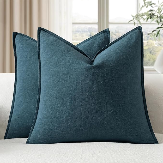 EMEMA Decorative Linen Throw Pillow Covers 20x20 Inch Navy Blue Boho Farmhouse Neutral Couch Throw Pillows for Bed Pack of 2 Accent Pillowcase Modern Sofa Cushion Livingroom Home