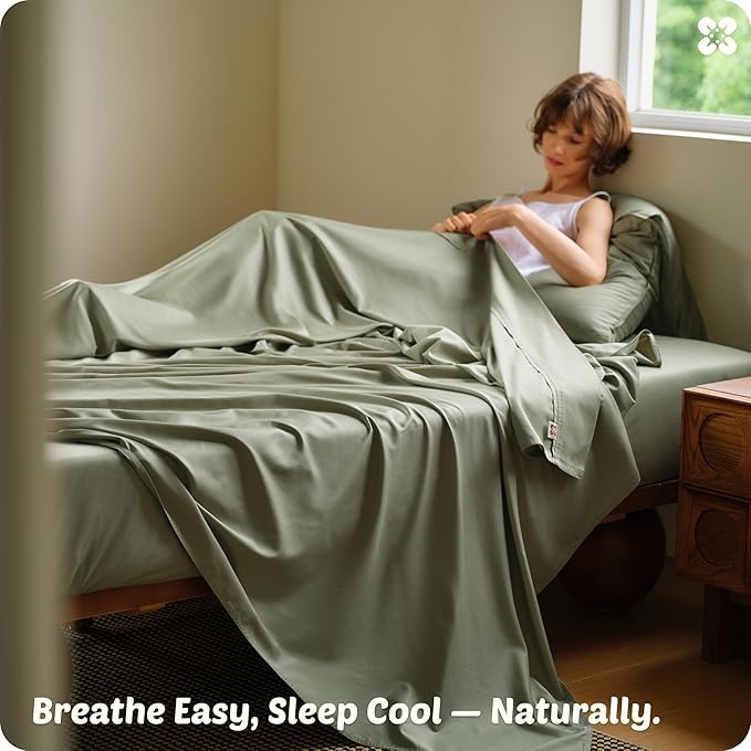 Bedsure Cooling Sheets, Rayon Derived from Bamboo & Cotton Blend, GentleSoft, Breathable, King Size Sheets Set, Deep Pocket Up to 18", Hotel Luxury Bedding for Hot Sleepers, Tea Green