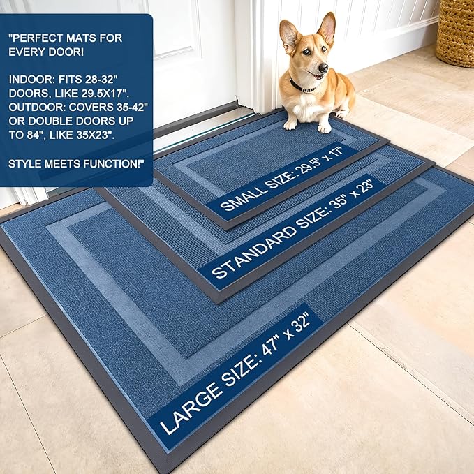 OLANLY Front Door Mat Indoor Outdoor Entrance, Waterproof All-Season, All-Weather Doormat, Sturdy Natural Rubber, Fade Resistant, Low Profile, Easy Clean Patio Porch Entryway Mat, 47x17, Light Blue