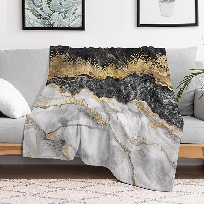 Modern Marble Blanket, Abstract Luxury Baroque Golden Black White Stone Veins Pattern Soft Warm Cozy Plush Flannel Covers for Livingroom Bedroom Couch Chair Camping Travel Home Decor Tapestry 30x40in
