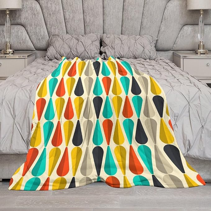 Mid Century Throw Blanket, Modern Drop Shape Retro Colors Boho Orange Teal Black Geometric Pattern Throws Blankets for aby Toddler Dog Cat 50"x60"