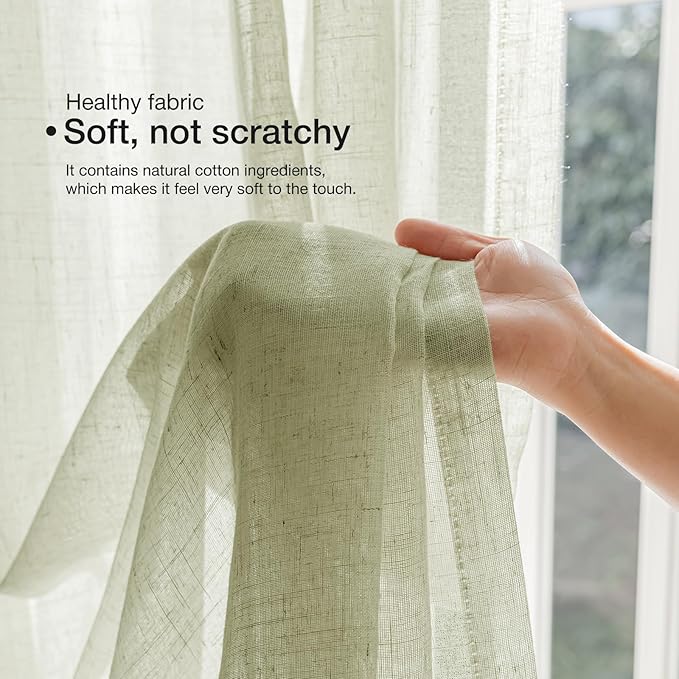 Anmao Natural Linen Curtains for Living Room 45 Inch Length 2 Panels Set, Light Filtering Semi Sheer Window Curtain Drapes for Bedroom with Curtain Rings and Clips, 52Wx45L, Sage Green