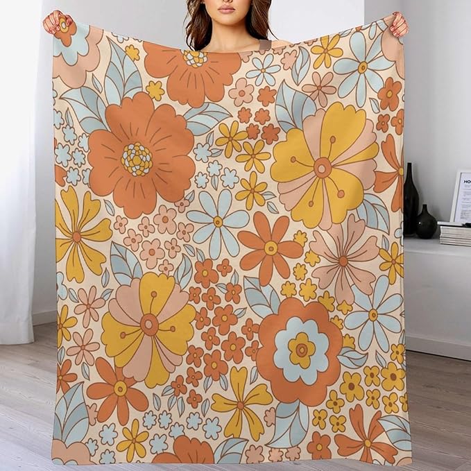 Retro 70s Floral Blanket, Hippie Summer Groovy Flower Power Flower Boho Print Throw Blanket for Couch Sofa Couch Chair 50"x60"