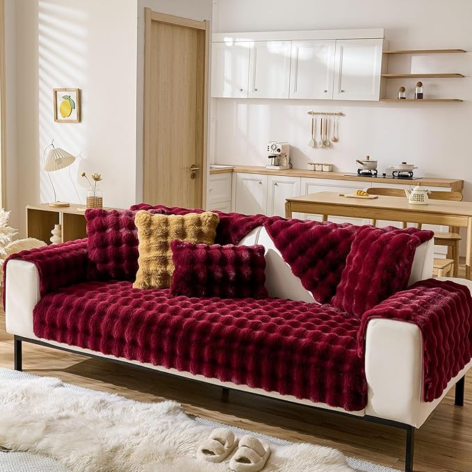 Christmas Faux Fur Couch Cover Fuzzy Soft Plush Thick Bubble Sofa Cover Luxury Sectional Couch Covers Luxury Anti-Slip Sofa Slipcover Washable Furniture Protector (Wine Red,36"x70")