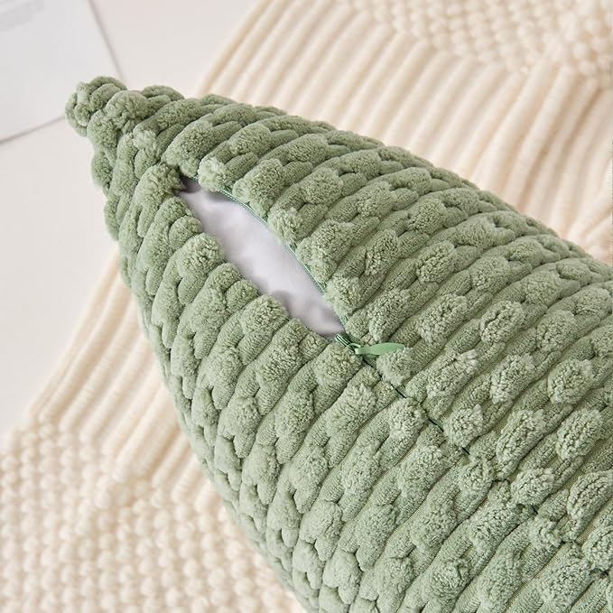 Kevin Textile 14x36 Inch Long Lumbar 1 Pack Boho Decorative Throw Pillow Cover Soft Striped Corduroy Rectangle Cushion Case Farmhouse Solid Color Accent for Living Room Couch Sofa Bed, Sage Green