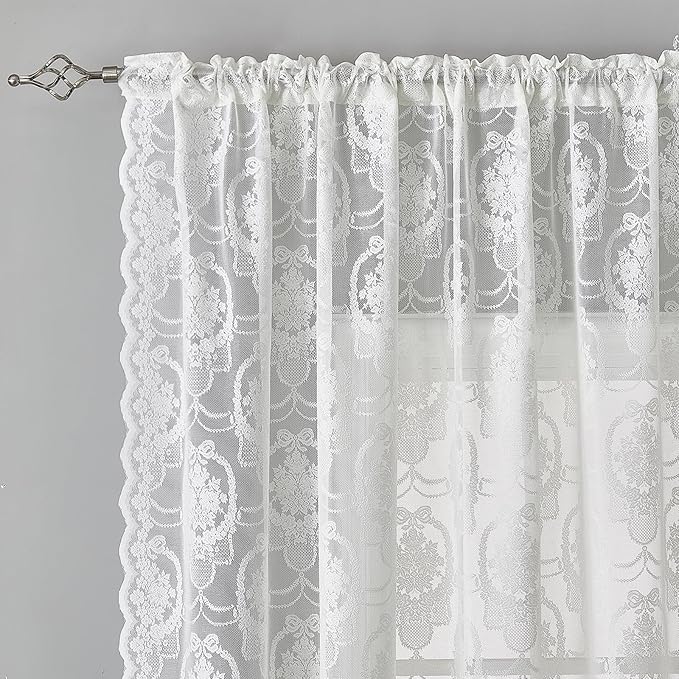 Bright White Vintage Country Floral Lace Sheer Curtains 96 Inches Long -Rod Pocket Light Filtering French Privacy Scalloped Edges Rod Pocket Boho Bedroom ，52 x 96 Inch, 2 Panels
