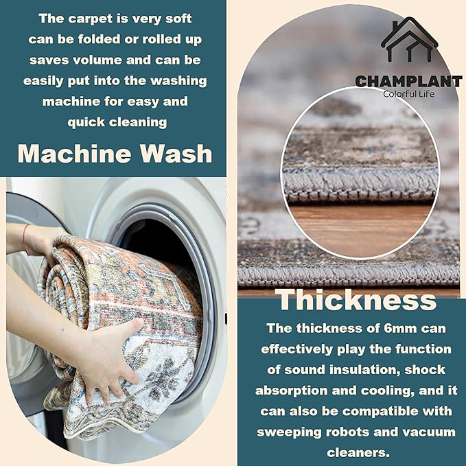 Area Rug 6'x9' Blue Khaki Washable Vintage Traditional Floor Cover Thin Retro Kitchen Indoor Distressed Non Slip Carpet Floral for Living Room Bedroom Dining Room