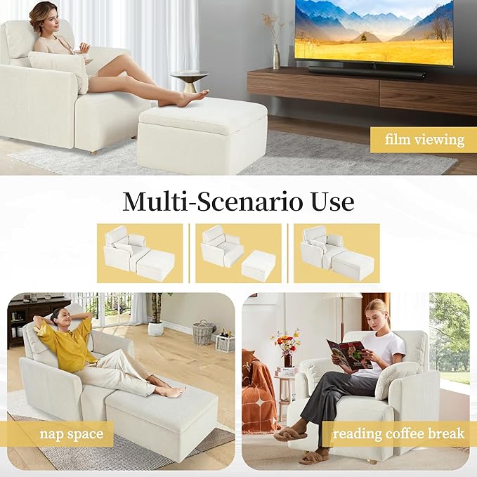 Modern Oversized Accent Chair with Storage Ottoman & Side Pillows, Snowflake Fleece Upholstered Chaise Lounge Chair, Deep Seat Reading Chair for Living Room, 350lbs Capacity