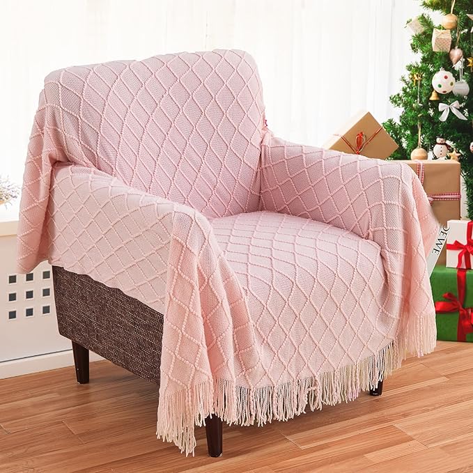 inhand ChristmasThrow Blankets for Couch, Gifts for Women Cozy Home Decor Knit Blanket, Pink Lightweight Decorative Blankets and Throws, Farmhouse Warm Woven Blanket for Men and Women, 60"x80"