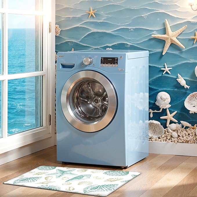 Kitchen Mats for Floor Cushioned Anti Fatigue Sets of 2 Beach Theme Kitchen Rugs Non Slip Waterproof Coastal Foam Kitchen Floor Rug Nautical Seashell Comfort Standing Mat For Sink Laundry, Green