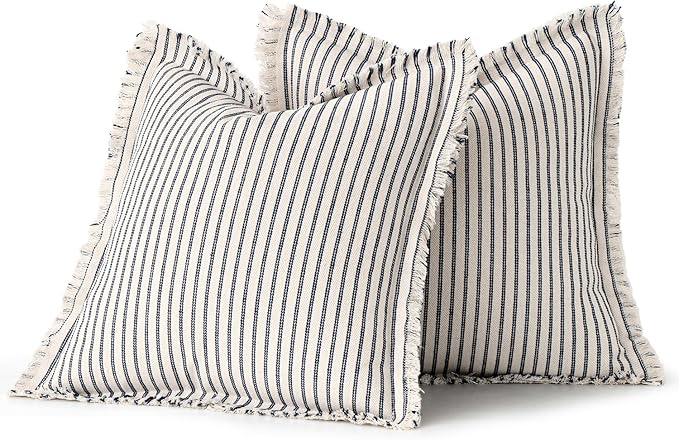 MIULEE Pack of 2 Navy Blue Pillow Covers 20x20 Inch Striped Farmhouse Couch Throw Pillow Covers with Fringe Chic Linen Decorative Cushion Covers for Sofa Living Room Bed Outdoor Home Decor