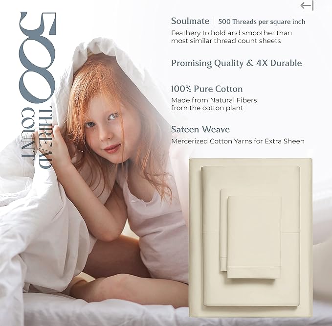 Mayfair Linen 100% Cotton Bed Sheets Queen Set - 500 Thread Count Cotton Sheets for Queen Size Bed, 4 PC Set (Sand), Ultra Soft, Cooling, Sateen Weave 16" Deep Pocket Bedsheet for Hot Sleepers