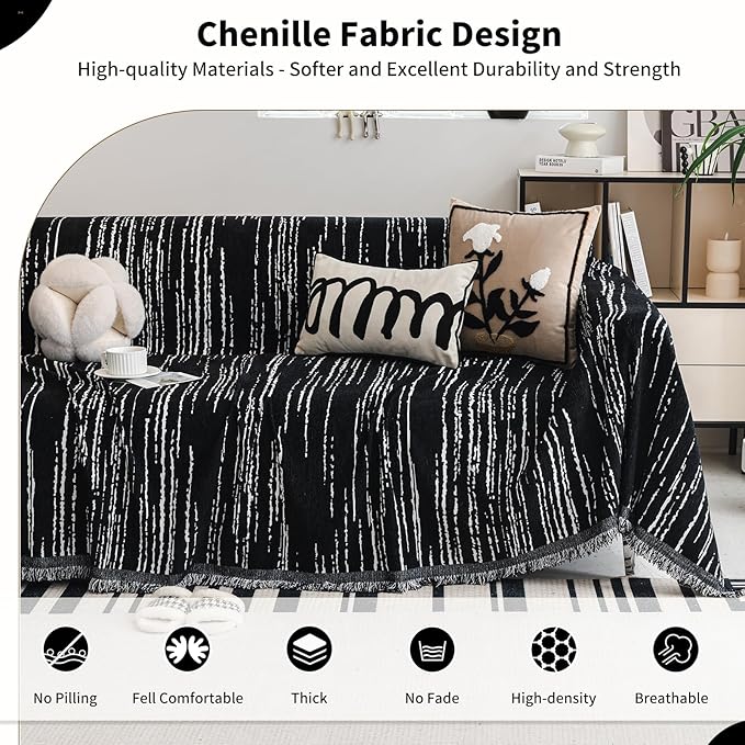 Chenille Couch Cover Pet Friendly, Sofa Cover Washable, Reversible Sofa Slipcover for Sectional Sofa, Loveseat, 2 or 3 Cushion Couch, Corner Sofa, Futon Cover (71" X 150", Black)