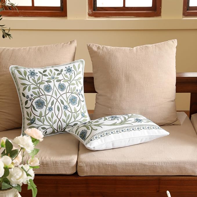 ISAENNE Design Fresh Linen Square Throw Pillow Covers 18"x18", French White Cottage Cushion Covers with Blue Floral Branches Pattern Decor Pillowcases for Bed,Living Room,Outdoor,Car