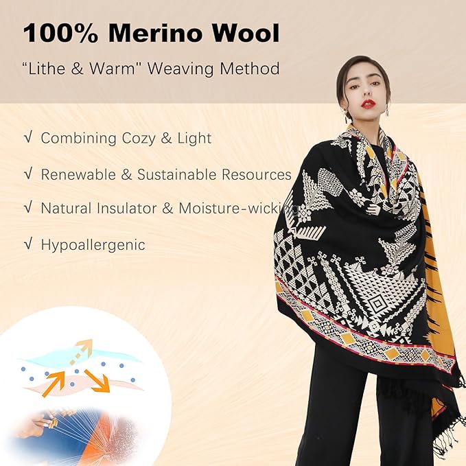DANA XU 100% Merino Wool Pashmina Shawl for Women 96"x43", Oversized Cashmere Wrap with Tassels, Floral Travel Blanket Cape
