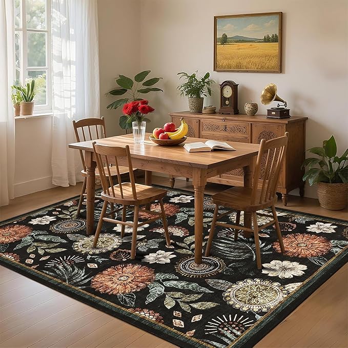 GarveeHome 5x7 Floral Washable Area Rug: Large Living Room Area Rug with Non-Slip Backing Washable Ultra Soft Bedroom Floral Carpet Indoor Stain Resistant Carpet for Dining Room 5 * 7 ft Black