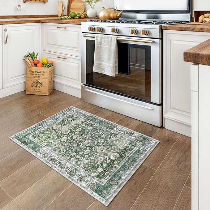 KUTA Vintage Floral Green Entryway Rug 2x3, Kitchen Rugs Non-Slip Washable Throw Rug, Ultra Thin Soft Print Front Door Mat Indoor Doormat for Entrance, Bedside, or Small Spaces