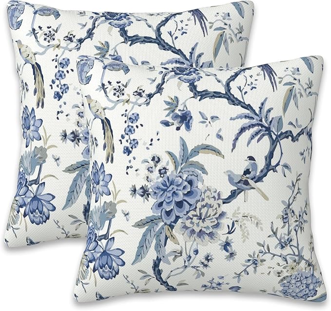 Chinoiserie Throw Pillow Cover Case Blue White Flowers Throw Pillows Set of 2 Super Soft Pillow Covers 18x18 Inches Farmhouse Home Decor for Living Room Bedroom Sofa Couch Cushion Cover