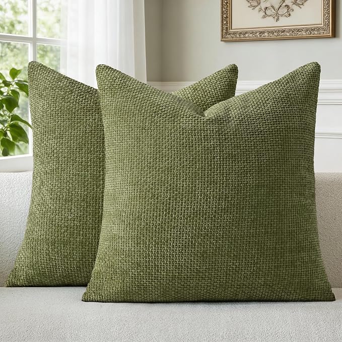 a moment Olive Green Chenille Throw Pillow Covers 22x22 Inch Pack of 2 Modern Decorative Throw Pillow Covers Farmhouse Cross Covers Home Decor for Sofa Bedroom Living Room