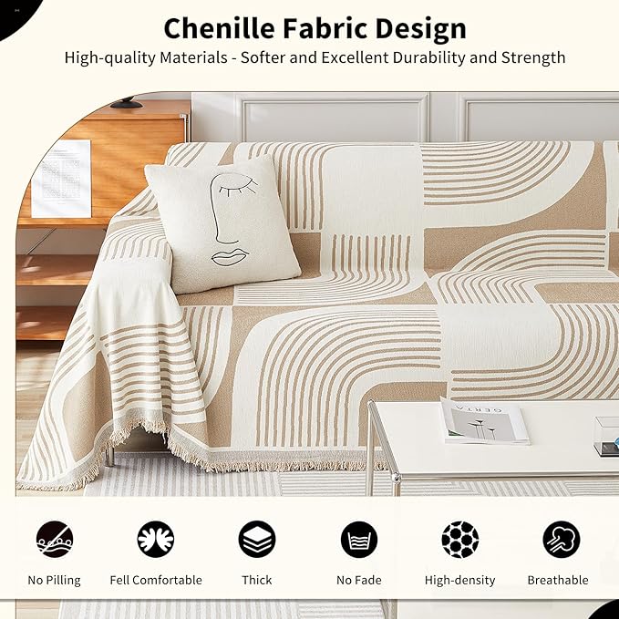Boho Couch Cover Sofa Covers Washable, Chenille Couch Covers for 3 Cushion Couch Sofa Pet Friendly, Bohemian Sofa Slipcovers for Sectional Sofa, Loveseat, 2 3 4 Seater (91" x 134", Khaki)