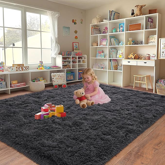 Extra Large Plush Rug High Pile Fluffy Rug for Living Room, Big Plush Non-Skid Shag Carpet, Soft Shaggy Rugs for Bedroom Indoor Modern Home Decor Charcoal 9x12ft