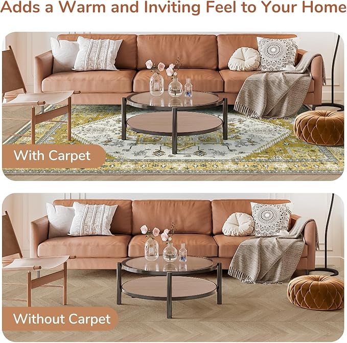 OPPODREAM Thin 6x9 Area Rugs, Washable Rug 6x9 with Non Slip Backing, Faux Cashmere Low-Pile 6 x 9 Carpet, Yellow