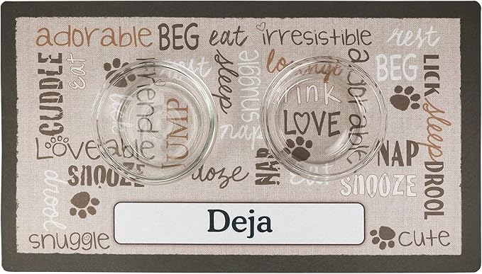 Drymate Personalized Pet Bowl Placemat, Custom Dog & Cat Food Feeding Mat - Absorbent Fabric, Waterproof Backing - Machine Washable/Durable (USA Made) (16" x 28") (Linen Tan)