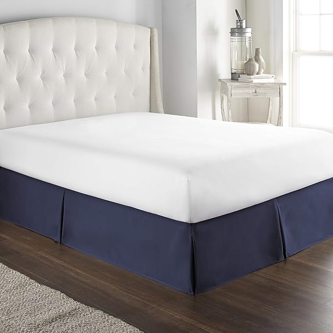 Bed Skirt - 100% Cotton 800 Thread Count Box Pleated Bed Skirt - Luxury Pleated Dust Ruffle, Hotel Quality Modern Bed Skirt, Easy Fit with 12 Inch Tailored Drop, California King, Navy Blue