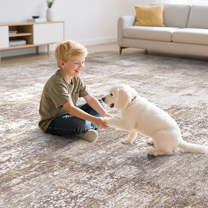 Washable 7x9 Area Rug: Modern Abstract Soft Non-Slip Indoor Rugs Home Decor - Low Pile Stain Resistant Foldable Carpet for Living Room Bedroom Dining Room Playroom(Golden Brown,7'x9')