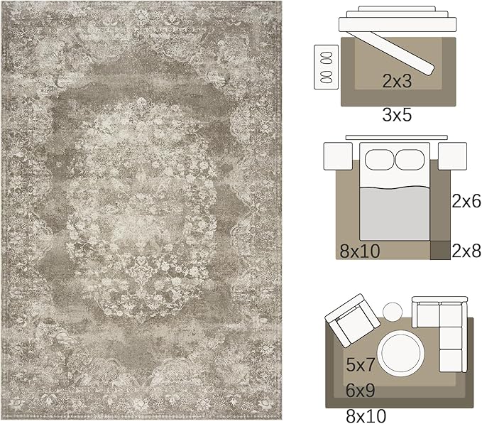 jinchan Vintage Floral 4x6 Area Rugs - Machine Washable Distressed Design Soft Ultra-Thin Low-Pile Non-Slip Carpet for Entryway Kitchen Bedroom Nursery Living Room Dining Room (4x6ft, Brown)