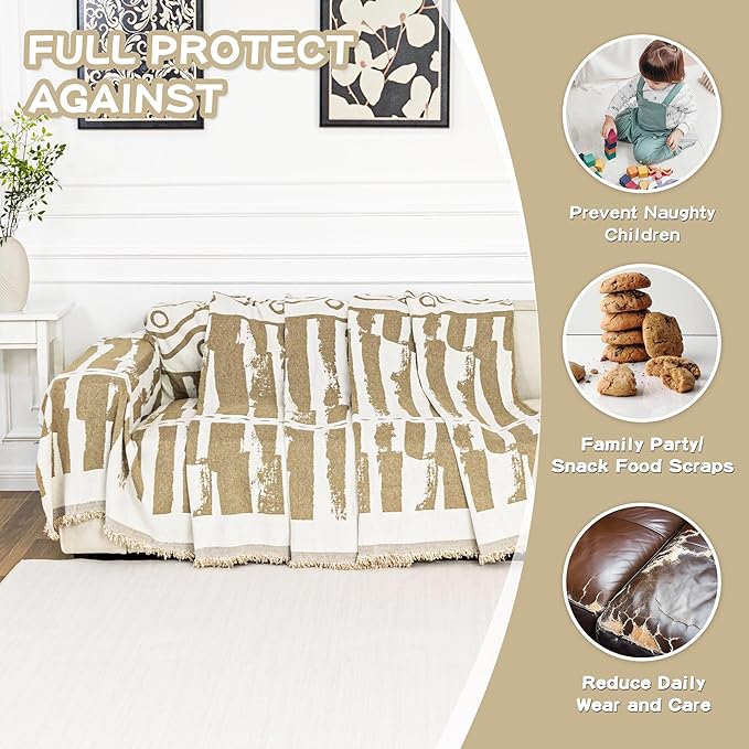 MEETSKY Boho Couch Covers for 2 Cushion Couch Sofa, Sofa Covers Washable Couch Cover for Sectional Sofa, Chenille Couch Protector for Kids, Dogs, Khaki