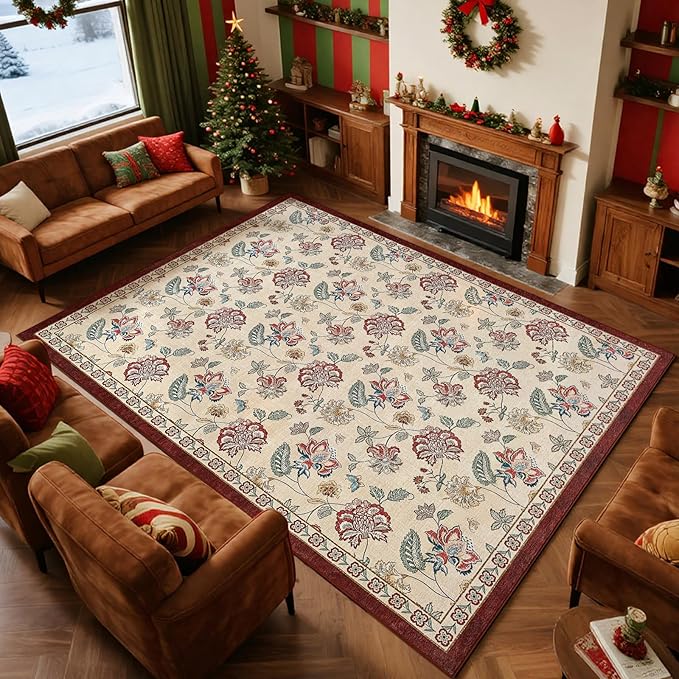 jinchan Elora 8x10 Floral Rug for Living Room Washable Bedroom Rug Vintage Romance Christmas Design Non Slip Thin Indoor Floor Cover Large Low-Profile Throw Carpet for Dining Room Office, Red/Beige