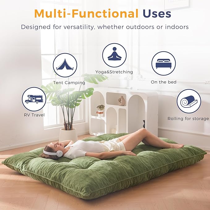 MAXYOYO Japanese Floor Mattress Queen Size, 6" Foldable Futon Mattress Tufted Roll Up Floor Bed, Thick Chenille Tatami Mat Sleeping Pad for Camping Guest Room Dormitory Bedroom RV, Green