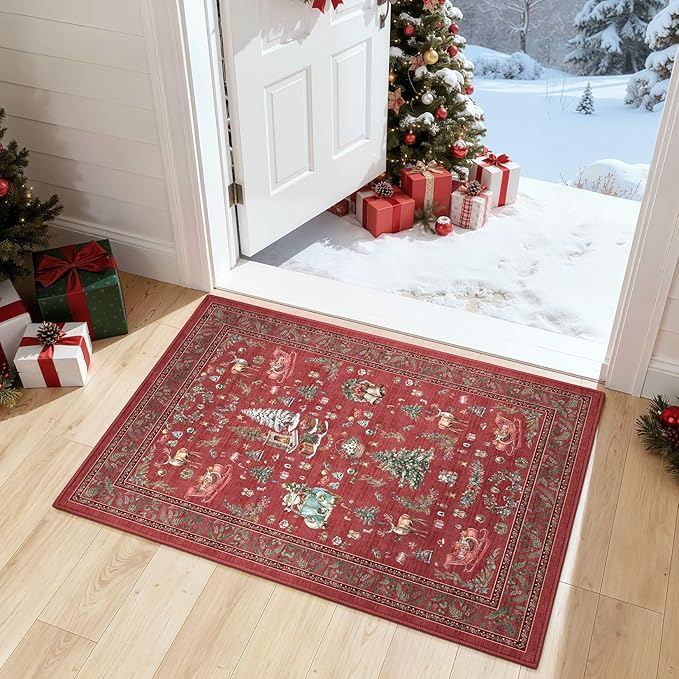 Christmas Living Room Area Rug 2x3 - Large Soft Washable Oriental Traditional Distressed Farmhouse Rugs for Bedroom - Indoor Floor Accent Carpet for Home Office House Decor - Red