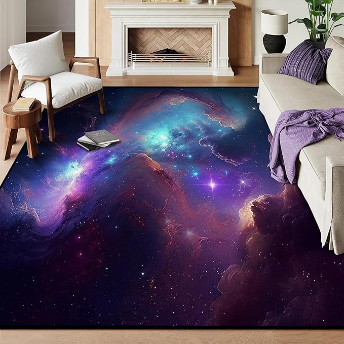 5' X 7' Galaxy Area Rug Bedroom Living Room for Girls Kids Boys Carpet Nebula Vortex Throw Rugs Purple Blue Cloud Floor Mat